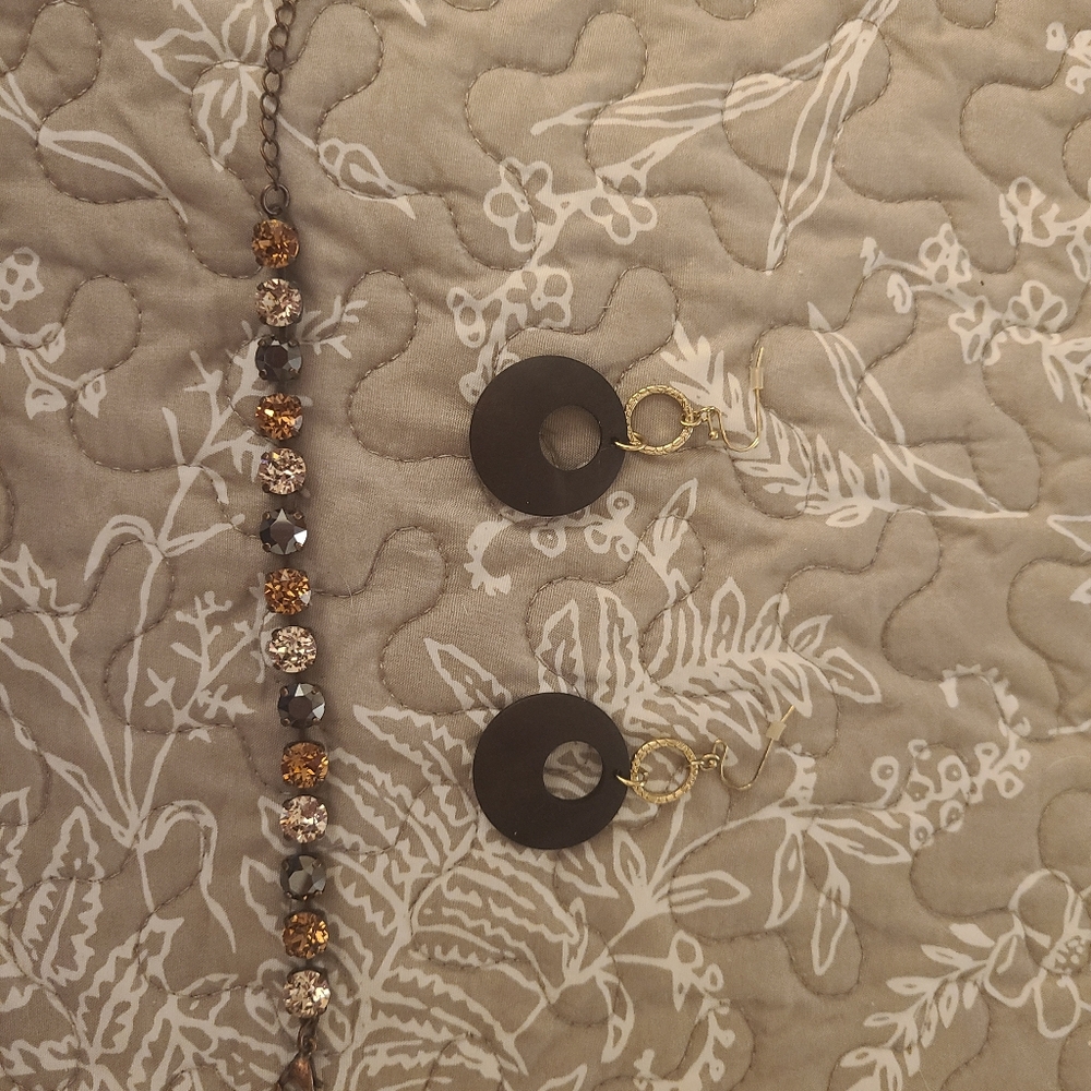 Rhinestone Bracelet & Wooden Earrings